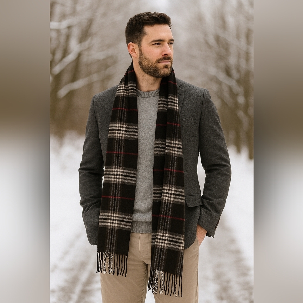 V. FRAAS Black, White, and Red Checkered Plaid Scarf 16x70